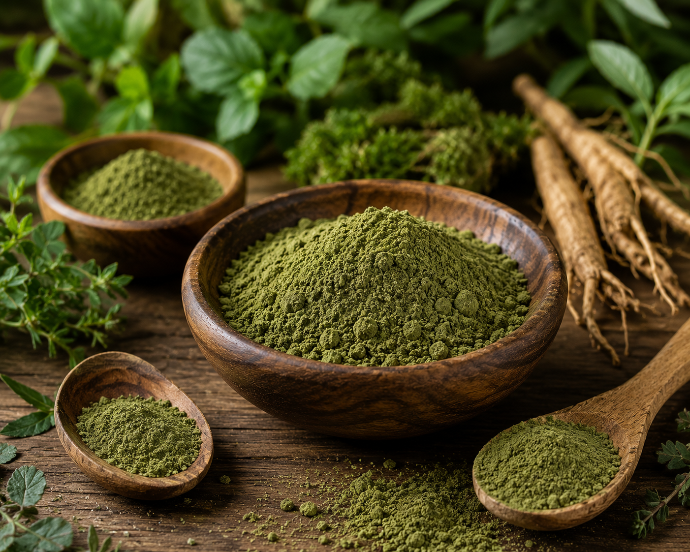 Green matcha powder and wellness ingredients